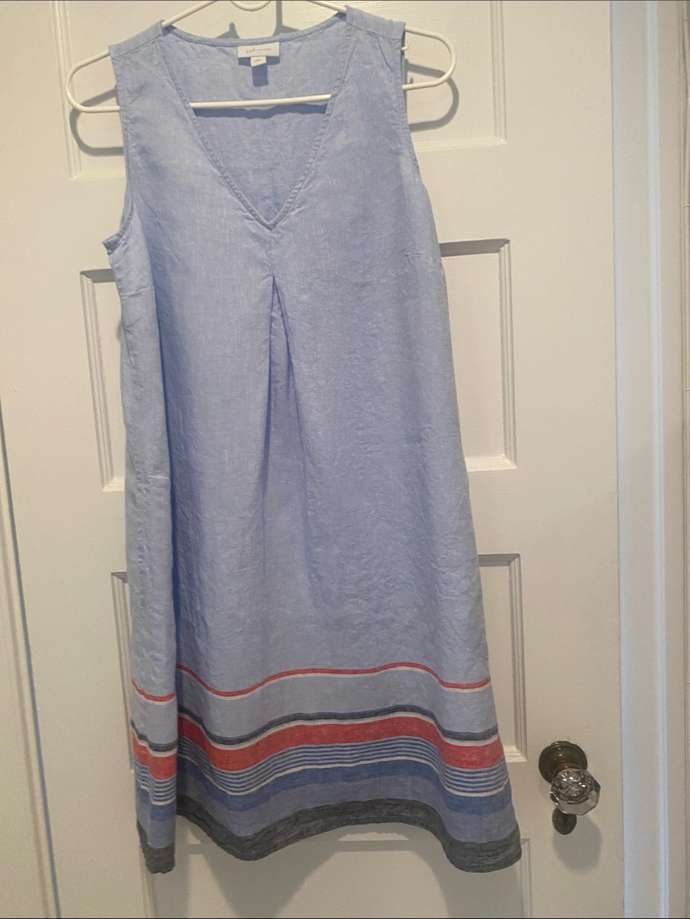 J. Jill Light Blue Sleeveless Linen Midi Dress with Multicolor Stripes